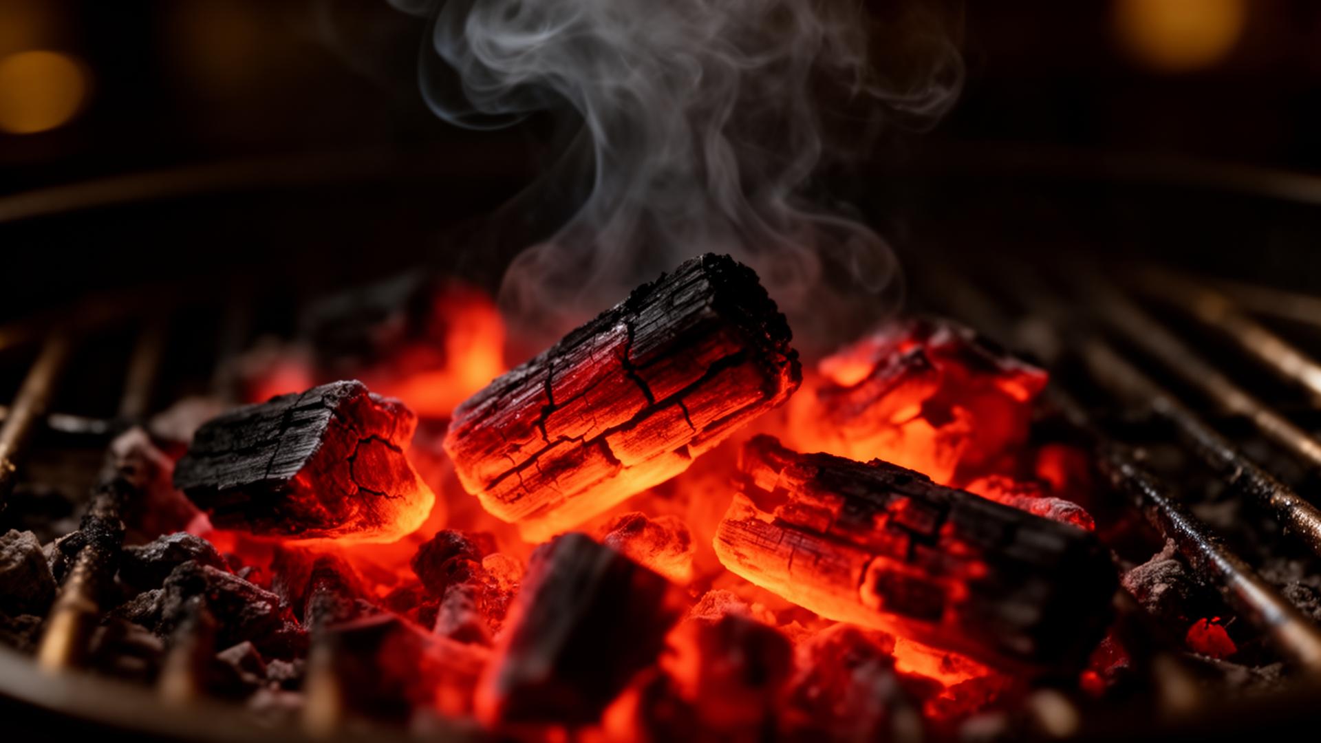 Glowing charcoal embers in the Al-Fairouz grill